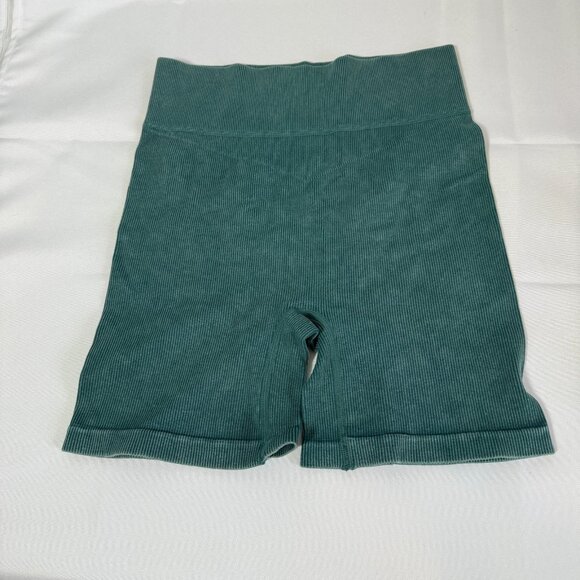 Aura Womens HighRise 5" Shorts Stretchy Rib Athletic Shorts M/L Green Activewear - Picture 1 of 5